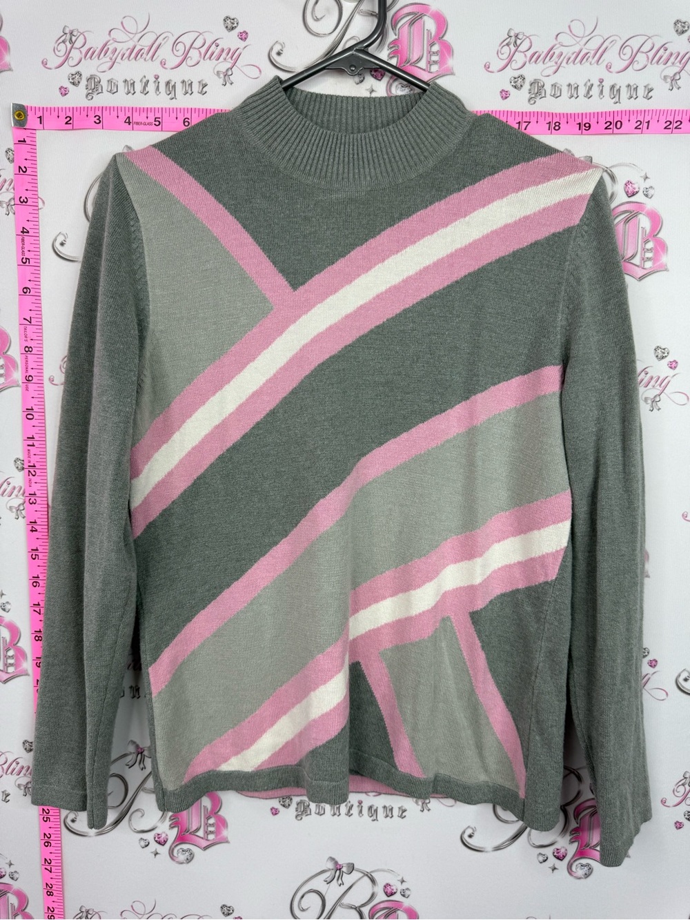RABE top Women's Gray Cowlneck Sweater with Pink & Cream Stripes